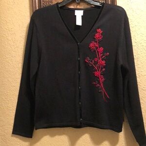Koret Petites Cardigan. Black with Red Embroidered & Lace bouquet of flowers.
